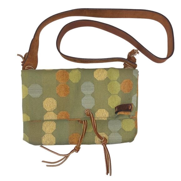 Handbags - Shoulder Handbag Green Fabric Geometric Design Fold Over Leather Strap Crossbody